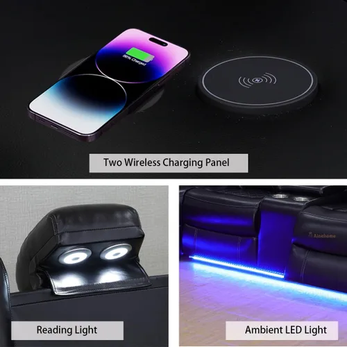 Vista 3 de A Ainehome Juego de sofá reclinable eléctrico, juego de sofá modular de cuero para sala de estar, cine en casa, con luces LED, soporte para tazas