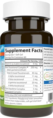 Vista 2 de Carlson - Tocomin SupraBio, Complejo de tocotrienol de espectro completo, tocotrienoles sin OMG, alfa, beta, gamma, delta, 60 cápsulas blandas