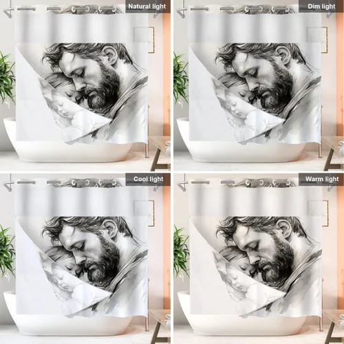 Vista 701 de Shrahala Father and Child Embracing No Hooks Shower Curtain with Snap in Liner Set, Tender Moment Captured Bathroom Décor Polyester Fiber Waterproof