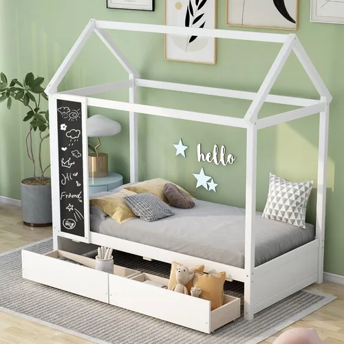 Vista 16 de Cama de madera de tamaño individual con dos cajones y techo, cama de plataforma con 2 cabeceros, para dormitorio de niños, adolescentes, niñas