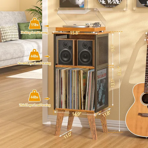 Vista 2 de DAOUTIME Soporte para tocadiscos con almacenamiento de vinilo de hasta 100 álbumes, soporte para discos con divisor ajustable, soporte