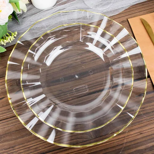 Vista 19 de Efavormart 10 Pack Platos redondos de plástico negro de 6" para postre y ensalada, platos desechables para aperitivos con borde ondulado dorado