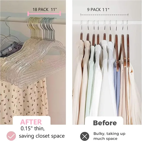 Vista 5 de Perchas de Ropa Rosas de 16", Paquete de 40 Perchas de Plástico con Recubrimiento Transparente para Armario de Adultos, Bling Ganchos de Ropa
