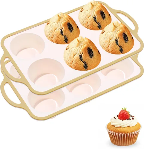 Vista 15 de Molde de silicona para magdalenas jumbo con marco de metal, molde grande de silicona antiadherente de grado alimenticio, con asas 6 tazas, libre