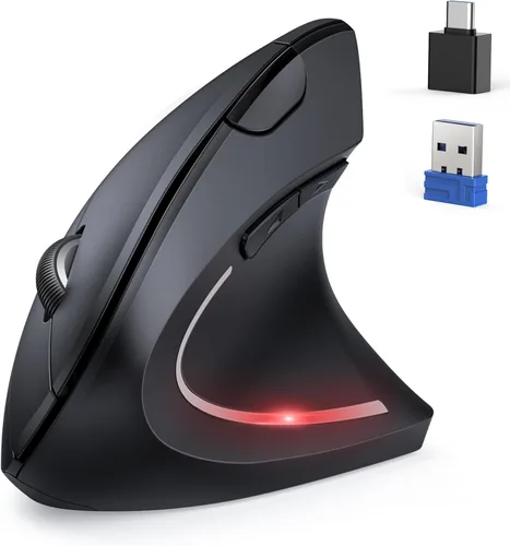 TECKNET Jiggler Ratón ergonómico, mouse vertical inalámbrico Bluetooth de 4800 DPI con 6 niveles de DPI ajustables, 2.4 GHz (USB A y C), mouse de