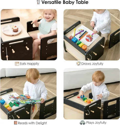 Vista 6 de Montessori - Juego de mesa y silla de destete – Diseño ajustable para niños pequeños, ideal para la hora de comer, aprender y jugar, color negro