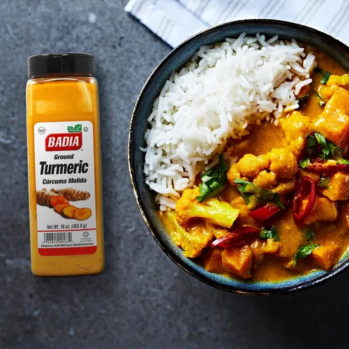 Vista 4 de Badia Cúrcuma molida en polvo, 16 onzas, condimento de cúrcuma prémium para cocinar, sabor dorado y rico aroma