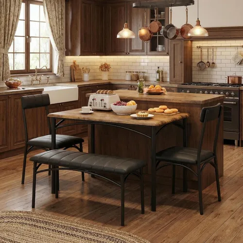Vista 4 de IDEALHOUSE Juego de mesa de comedor para 4, mesa de cocina con sillas para 4, mesa de comedor rectangular de madera con banco tapizado para espacios