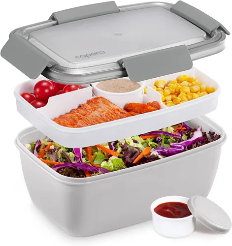 Vista 7 de Caperci Recipiente grande para ensalada para el almuerzo, lonchera Bento para adultos de 68 onzas, bandeja de 5 compartimentos, 2 tazas de salsa