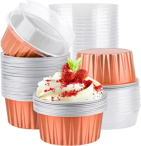 Vista 22 de EUSOAR Moldes desechables de papel de aluminio con tapas, 30 piezas de 5 onzas (4.2 fl oz) de papel de aluminio para magdalenas, tazas para hornear