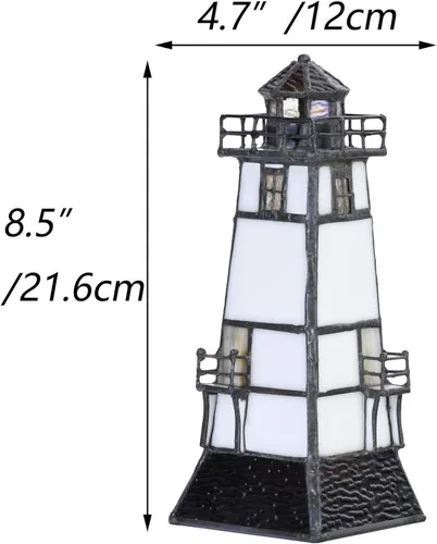Vista 7 de Bieye L10727 Lighthouse Tiffany Style - Lámpara de mesa decorativa con vitral, luz nocturna con plataforma de mirador para decoración del hogar