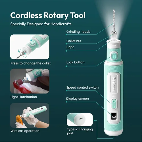 Vista 2 de Resiners Bolígrafo Taladro Eléctrico de Resina, Kit de Herramientas Rotativas Inalámbricas, 8 Velocidades Ajustables, Kit de Fabricación de Joyas