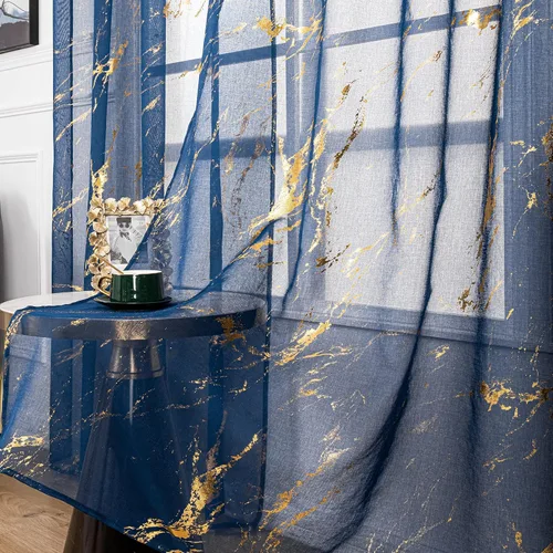 Vista 9 de Sutuo Home - Cortinas traslúcidas de mármol de 63 pulgadas de largo, juego de 2 paneles, con estampado de lámina de oro y bronceado metálico