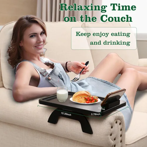 Vista 23 de Mesa de brazo para sofá, mesa de bambú para sofá con soporte para teléfono, mesas con reposabrazos con clip para mesa de reposabrazos, bandeja