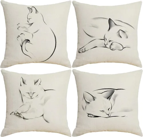 HOSTECCO Juego de 4 fundas de almohada minimalistas de 18 x 18 pulgadas con diseño de animales de lino, fundas de cojín decorativas de granja para