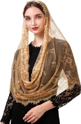 Vista 3 de PAMOR Estilo Español Encaje Tradicional Vintage Inspirado Infinito Forma Mantilla Velo Latino Masa Cabeza Cubierta