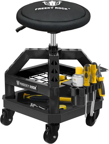 Vista 9 de Rolling Shop Taburete con ruedas, silla de taller mecánico de garaje con respaldo de asa, taburete de trabajo de altura ajustable, asiento