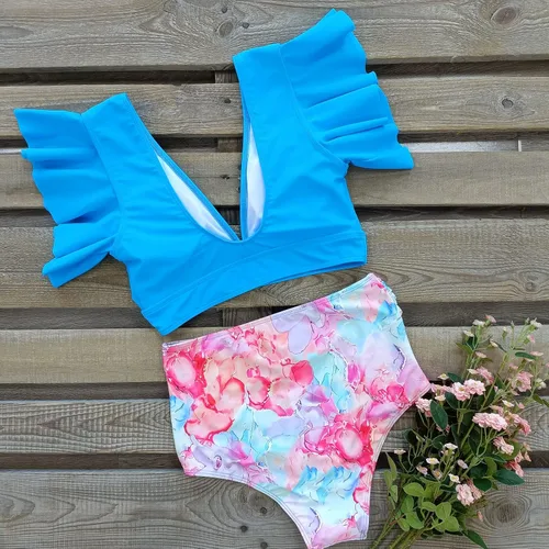 Vista 6 de SPORLIKE Traje de baño de cintura alta con volantes para mujer, bikini con estampado tropical, dos piezas