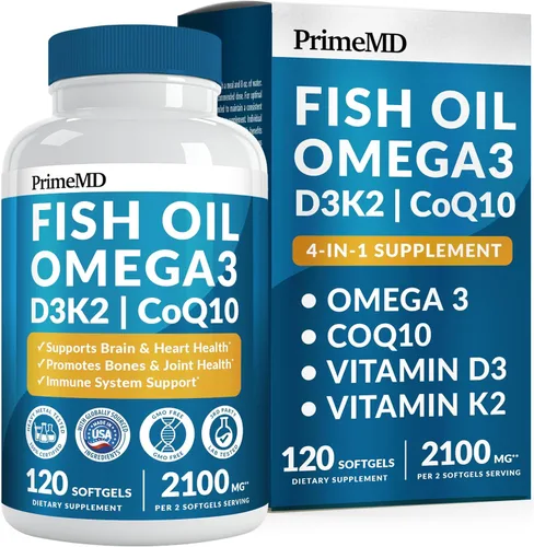 Suplementos de ácidos grasos Omega 3 de aceite de pescado 4 en 1 (2100mg) - Aceite de pescado Omega 3 con vitaminas D3 K2 y CoQ10 - Sabor a limón
