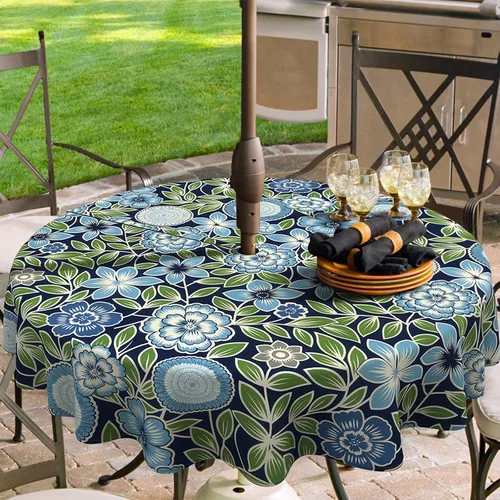 Outdoor/Indoor Round Tablecloth with Umbrella Hole Zipper, Decorative Circular Table Cover for Home Garden, 60 Inch, Azure Bloom