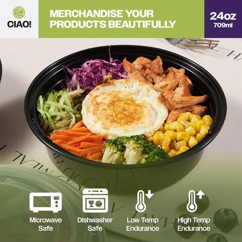 Vista 6 de CIAO! Contenedor de alimentos redondo negro moldeado por inyección de peso pesado de 24 oz con tapa (150/caja)