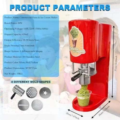 Vista 6 de Electric Ice Cream Machine - Commercial Pasta & Fruit Ice Cream Press with 4 Molds - 30L/Hour Output, Perfect for Restaurants, Bars, and Gourmet
