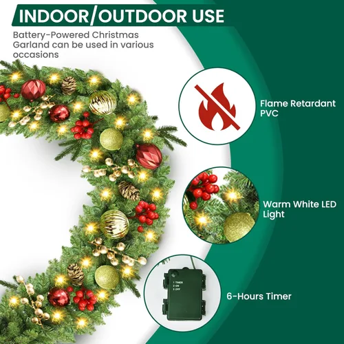 Vista 6 de Guirnalda de Navidad con luces, navideña, preiluminada, de 9 pies, funciona con pilas, corona con piñas, bayas rojas, artificial, para mantel
