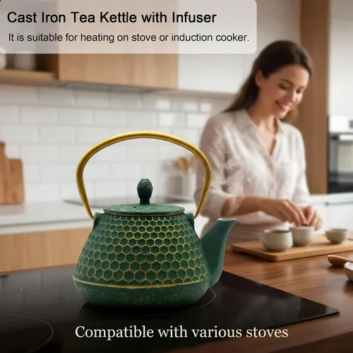 Vista 5 de YJX Hervidor de té de hierro fundido de 54 oz para estufa, tetera verde Patrón hexagonal verde oscuro de 54 oz