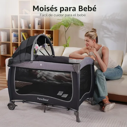 Vista 4 de Corral de juegos para bebé Pamo Babe con dosel, cuna portátil con cambiador