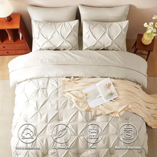 Vista 2 de CozyLux - Juego de edredón tamaño individual con sábanas Beige, 5 piezas, ropa de cama en una bolsa con pinzas, juego de cama tamaño individual