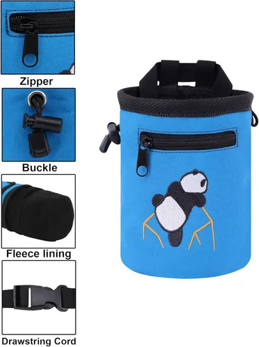 Vista 5 de AMC Bolsa de tiza bordada de panda escalada en roca con bolsillo con cremallera