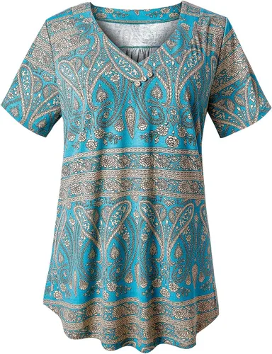 FOLUNSI Camisa Henley de manga corta para mujer, talla grande, cuello en V, floral, tipo túnica, tallas M-4XL