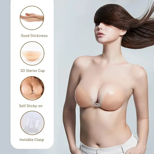 Vista 3 de Nildor - Brasier adhesivo con efecto de realce de silicona sin tirantes para vestido sin espalda, con 2 cubiertas para pezones, color piel