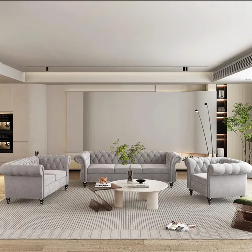 Vista 26 de Juego de 2 piezas para sala de estar, sofá Chesterfield de cuero con reposabrazos enrollados y tachuelas para sala de estar, oficina (negro)