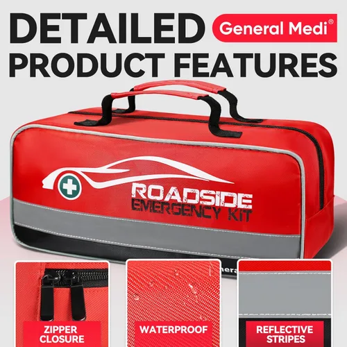 Vista 4 de General Medi Kit de emergencia para coche de 127 piezas incluye kit miniatura de primeros auxilios, cables de arranque, cuerda de remolque, vendaje