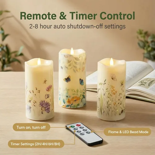 Vista 4 de Eywamage Velas de pilar de fibra óptica sin llama con control remoto, juego de 3, velas LED de resorte floral de mariposa, funciona con pilas, Φ 3