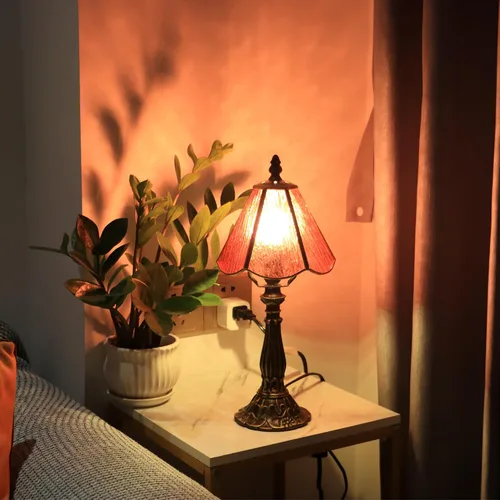 Vista 7 de Small Tiffany Table Lamp Pink Bark Pattern Style Stained Glass Desk Lamps 6X6X14 Inch Bronze Resin Base Antique Mini Accent Light
