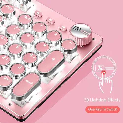 Vista 3 de Basaltech Combo de teclado mecánico y mouse para juegos, teclado retro steampunk estilo máquina de escribir vintage con retroiluminación LED