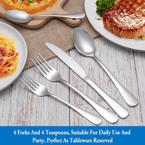 Vista 7 de Juego de cubiertos de 8 piezas de tenedores y cucharas, juego de cubiertos de acero inoxidable de grado alimenticio para el hogar, cocina