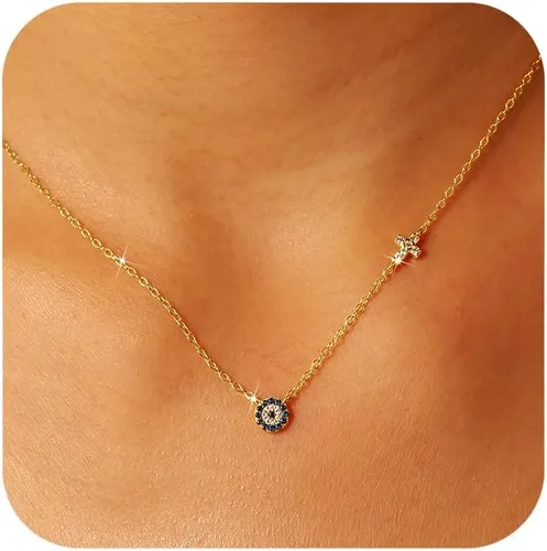 SUYACS Collares de oro contra el mal de ojo para mujer, plata de ley 925, collar con colgante de cruz pequeña, circonita cúbica azul, cadena de