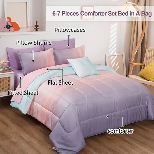 Vista 2 de Dinjoy Juego de edredón reversible para niñas, tamaño matrimonial, colorido, degradado, azul, rosa, morado, arcoíris, juego de ropa de cama de 7