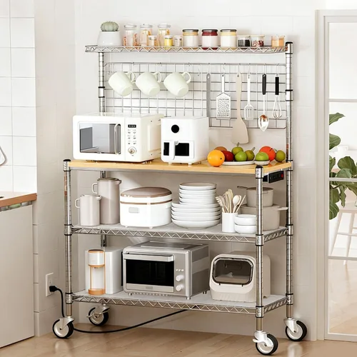 Vista 14 de Leteuke Estante para panaderos con almacenamiento y ruedas, estante de cocina de 42 pulgadas para microondas, estante de almacenamiento resistente