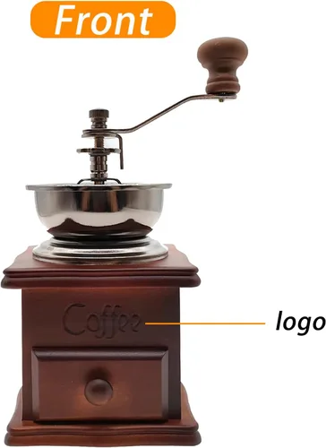 Vista 2 de Molinillo de café hecho a mano de madera de estilo retro, manivela de cerámica, cepillo de limpieza de molinillo de café hecho a mano, cuchara