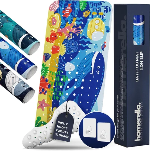 Alfombrilla de Bañera Antideslizante Antimoho para Niños Libre de BPA con Ganchos - Homerella® Animales Marinos del Océano 40x16, Alfombrilla de