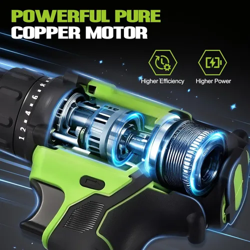 Vista 3 de WORKBLESS Juego de Taladro Eléctrico de 21V, Taladro Inalámbrico con Batería y Cargador, Portabrocas sin Llave de 3/8'', Velocidad Variable