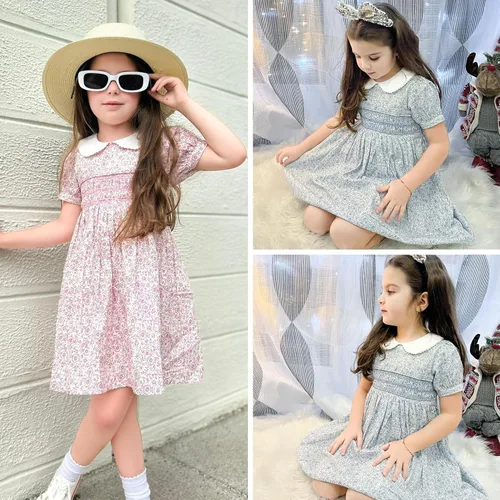 Vista 4 de Curipeer Vestido de verano para niñas pequeñas, vestido casual de algodón de manga corta floral, 12M-8Y