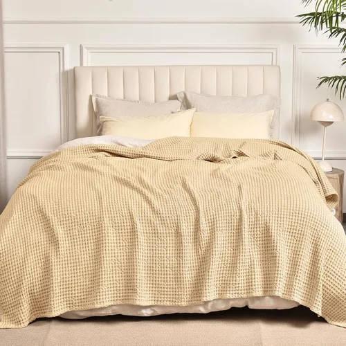 Vista 5 de PHF Manta de tejido gofre de algodón 100% lavado de 400 GSM, acogedora, transpirable y agradable al tacto, tamaño individual para todas las Beige