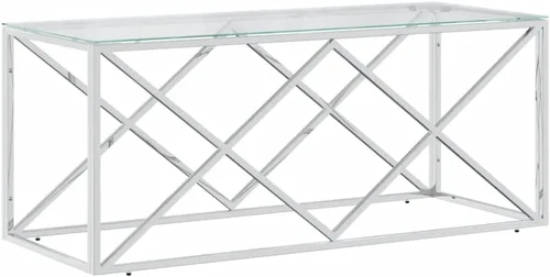 Vista 3 de Coffee Table Silver Stainless Steel, Tempered Glass, 17.7x43.3x17.7 in, Rectangular Modern Living Room Furniture, Sturdy Mesa de Centro para Sala