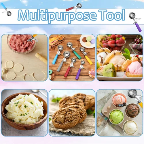 Vista 4 de Hsei 6 cucharas de helado de acero inoxidable para porciones de galletas con asa para hornear alimentos, masa de galletas, magdalenas