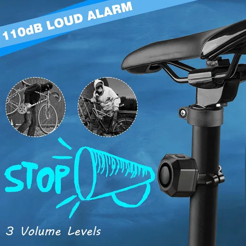 Vista 4 de WSDCAM Alarma de bicicleta recargable por USB con control remoto de 110 dB de volumen alto ajustable inalámbrico sistema de alarma de seguridad